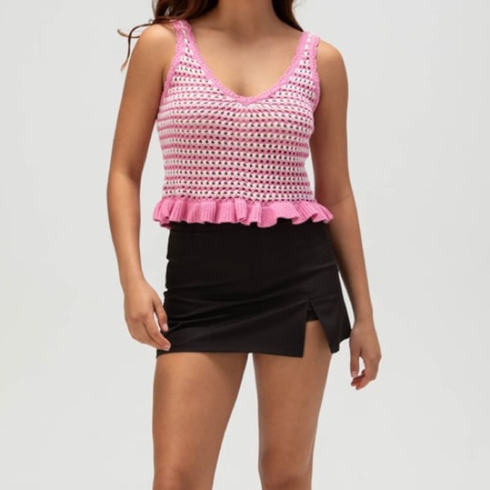 Full Tilt Pink and White Crochet Tank Top- TILLYS